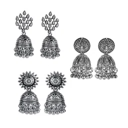 Yellow Chimes Set Of 3 Silver-Plated Oxidised Jhumkas Earring-image-31
