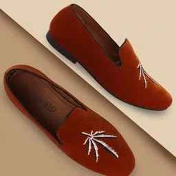 FAUSTO Men Rust Velvet Embroidered Loafers-picture-38