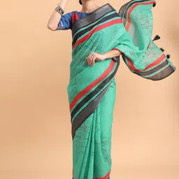 Sangria Sea Green & Black Striped Pure Linen Saree image 1