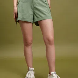 Tokyo Talkies Women Green Mid Rise Cotton Shorts-picture-30