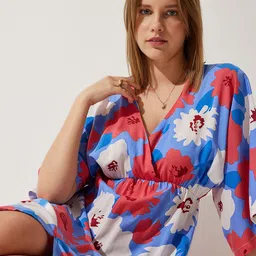 Happiness istanbul Floral Printed V-Neck Flared Sleeve Wrap Dress-picture-29
