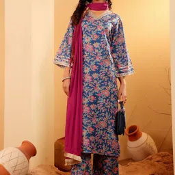 Varanga Floral Printed Zari V Neck Flared Sleeves A-Line Kurta With Palazzo And Dupatta-image-51