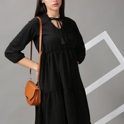 SHOWOFF Women Black Tie-Up Neck Cotton Layered Dress-picture-11