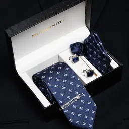 MUTAQINOTI Men Floral Dark Blue Silk Necktie Accessory Gift Set-image-92