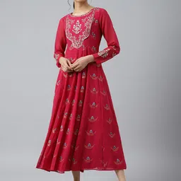 WISHFUL Pink Floral Embroidered Georgette Ethnic Maxi Dress-picture-35