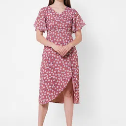 MISH Mauve Floral Georgette Wrap Dress-image-48