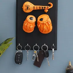 eCraftIndia Black Veena & Tabla Musical Instrument 5 Hooks Wooden Key Holder image 1
