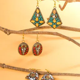 Yellow Chimes Set Of 3 Silver Plated Contemporary Drop Earrings-picture-10