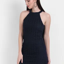 Rediscover Fashion Navy Blue Halter Neck Schiffli Dress-picture-34