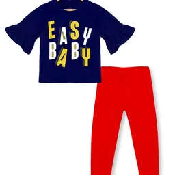 KiddoPanti Girls Navy Blue & Red Printed Pure Cotton T-shirt with Leggings-picture-26
