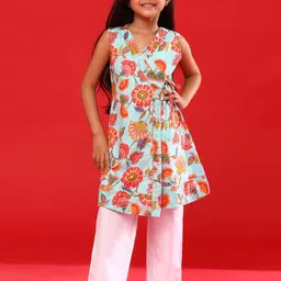 TALES & STORIES Girls Floral Printed Angrakha A-Line Kurta With Trousers-picture-39
