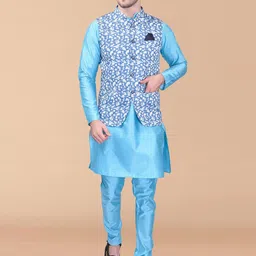PRINTCULTR Mandarin Collar Pure Silk Straight Kurta With Pyjamas & Nehru jacket image 1