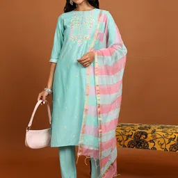 Vishudh Floral Embroidered Thread Work Kurta With Trousers & Dupatta-image-37