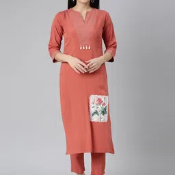 Neerus Notched Neck Straight Kurta with Trousers image 1