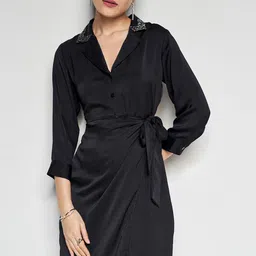 AND Lapel Collar Cuffed Sleeves Tie-Up Detailed A-Line Dress-image-1