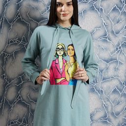 Athena Green Graphic Printed Hooded Long Sleeves T-shirt Dress-picture-2