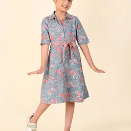 Fabindia Floral Printed Short Sleeves Cotton Shirt Dress-image-22