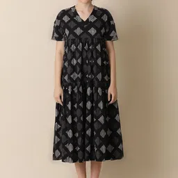 BLACK & BLAH BLAH Handblock Printed Relaxed Fit Cotton Flared Maxi Ethnic Dress-picture-11