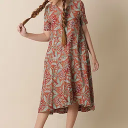 BLACK & BLAH BLAH Handblock Printed Relaxed Fit Cotton Flared Midi Ethnic Dress-picture-55