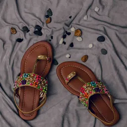 LIL PITAARA Girls Brown Embellished Leather Ethnic Flats-picture-53