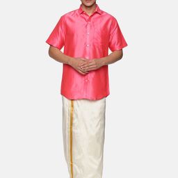Sethukrishna Men Peach-Coloured & White Shirt with Dhotis-picture-37