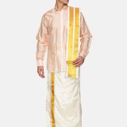 Sethukrishna Men Peach-Coloured & White Shirt with Dhoti Pants-picture-2
