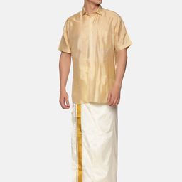 Sethukrishna Men Beige & White Pure Cotton Shirt with Dhoti-picture-11