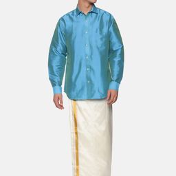 Sethukrishna Men Blue & White Pure Cotton Shirt with Dhoti-picture-0
