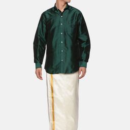 Sethukrishna Men Green & White Pure Cotton Shirt with Dhoti & Angavastram-picture-14