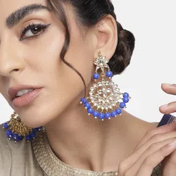I Jewels Blue Gold Plated Kundan & Faux Pearl Studded Chandbali Earrings-picture-20