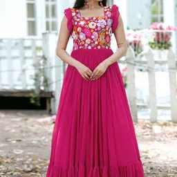 Fusionic Floral Embroidered Square Neck Georgette Ruffles Ethnic Gown-picture-35