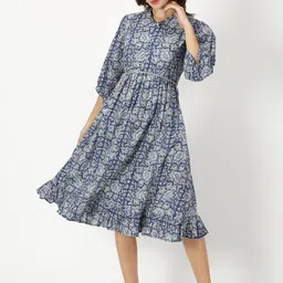 Saffron Threads Floral Printed Puff Sleeves Fit & Flared Midi Pure Cotton Dress With Belt-picture-21