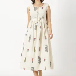 Saffron Threads Mughal Printed Fit and Flare Midi Cotton Linen Boho Ethnic Dress-picture-44