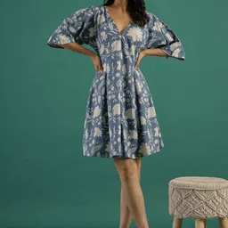 Sangria Floral Printed Cotton V-Neck Ethnic Dress-picture-19
