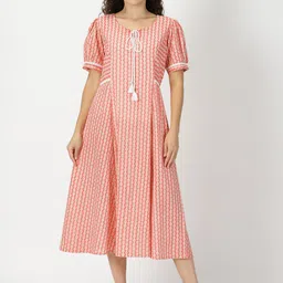 Saffron Threads Abstract Printed Puff Sleeves Pure Cotton A-Line Midi Ethnic Dress-picture-33