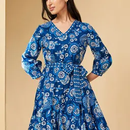 Global Desi Floral Printed Cuffed Sleeves Gathered Cotton Fit & Flare Ethnic Dress-image-20