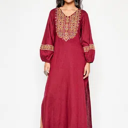 Global Desi Ethnic Motif Embroidered V-Neck Puff Sleeves A-Line Maxi Ethnic Dress-picture-47