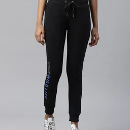 M7 by Metronaut Women Black Slim Fit Solid Joggers with Printed Detail-picture-11