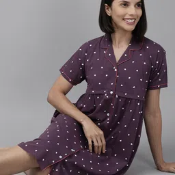 Zeyo Purple & White Printed Cotton Maternity & Feeding Nightdress-picture-13