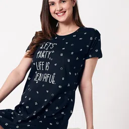 Zeyo Women Navy Blue & White Printed Pure Cotton Nightdress-picture-14