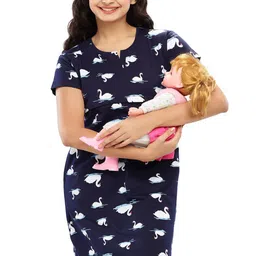 Zeyo Women Navy Blue & White Printed Pure Cotton Maternity Nightdress-image-26