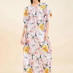 Sweet Dreams White Floral Printed Satin Kaftan Nightdress-picture-21