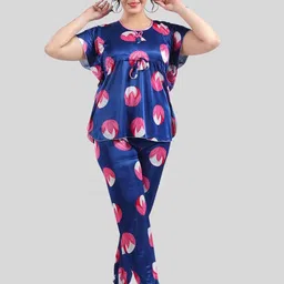 Fabme Floral Printed Short Sleeves Satin Kaftan Night Suit image 1
