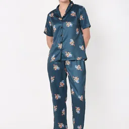 Smarty Pants Women Teal & White Satin Printed Night suit-picture-4