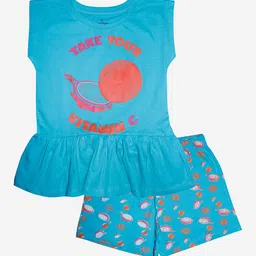 KiddoPanti Girls Blue & Orange Printed Cotton Night suits-image-50