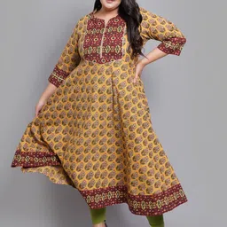 YASH GALLERY Women Mustard Yellow & Red Floral Plus Size Block Print Anarkali Kurta-picture-21