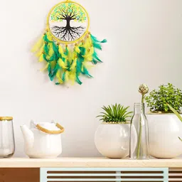 DULI Green & Yellow Hanging Tree of Life  & Feathers Dream Catcher Windchime image 1