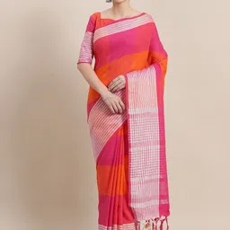 KALINI Pink & Orange Colourblocked Silk Cotton Saree-image-20