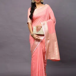 Mitera Pink & Gold-Toned Zari Linen Blend Taant Saree-image-64