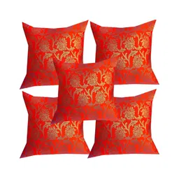 Pink Parrot Red & Gold-Toned 5 Pcs Ethnic Motifs Square Cushion Covers-picture-33